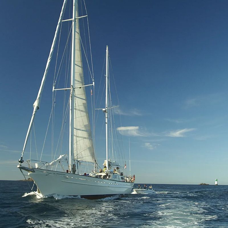 Grupo de personas disfrutando del mar a través de un viaje a bordo de La Peregrina con una pequeña lancha detrás